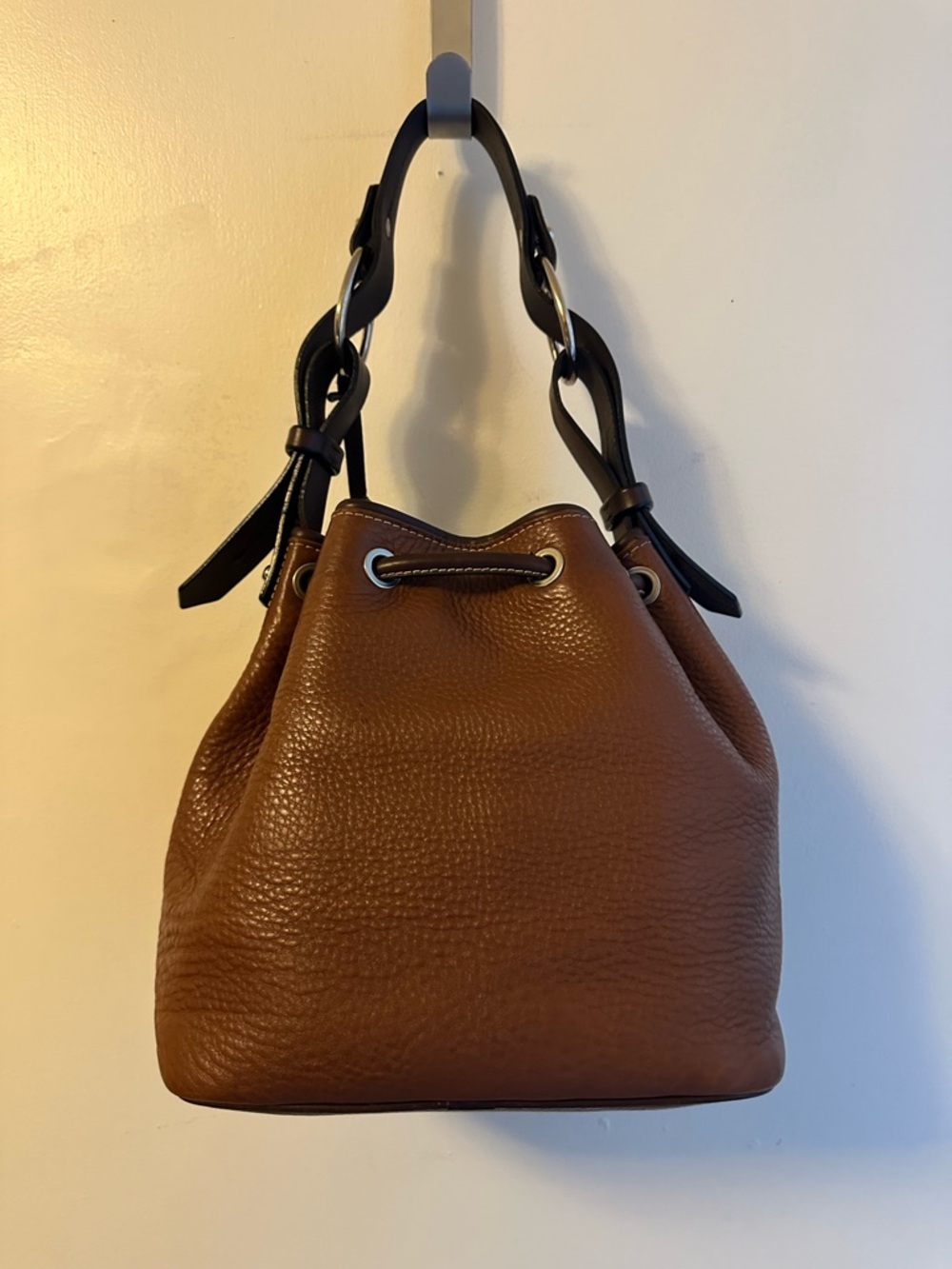Dooney & Bourke Brown Leather Drawstring Shoulder Bag with Dark Brown Trim - Picture 15 of 16